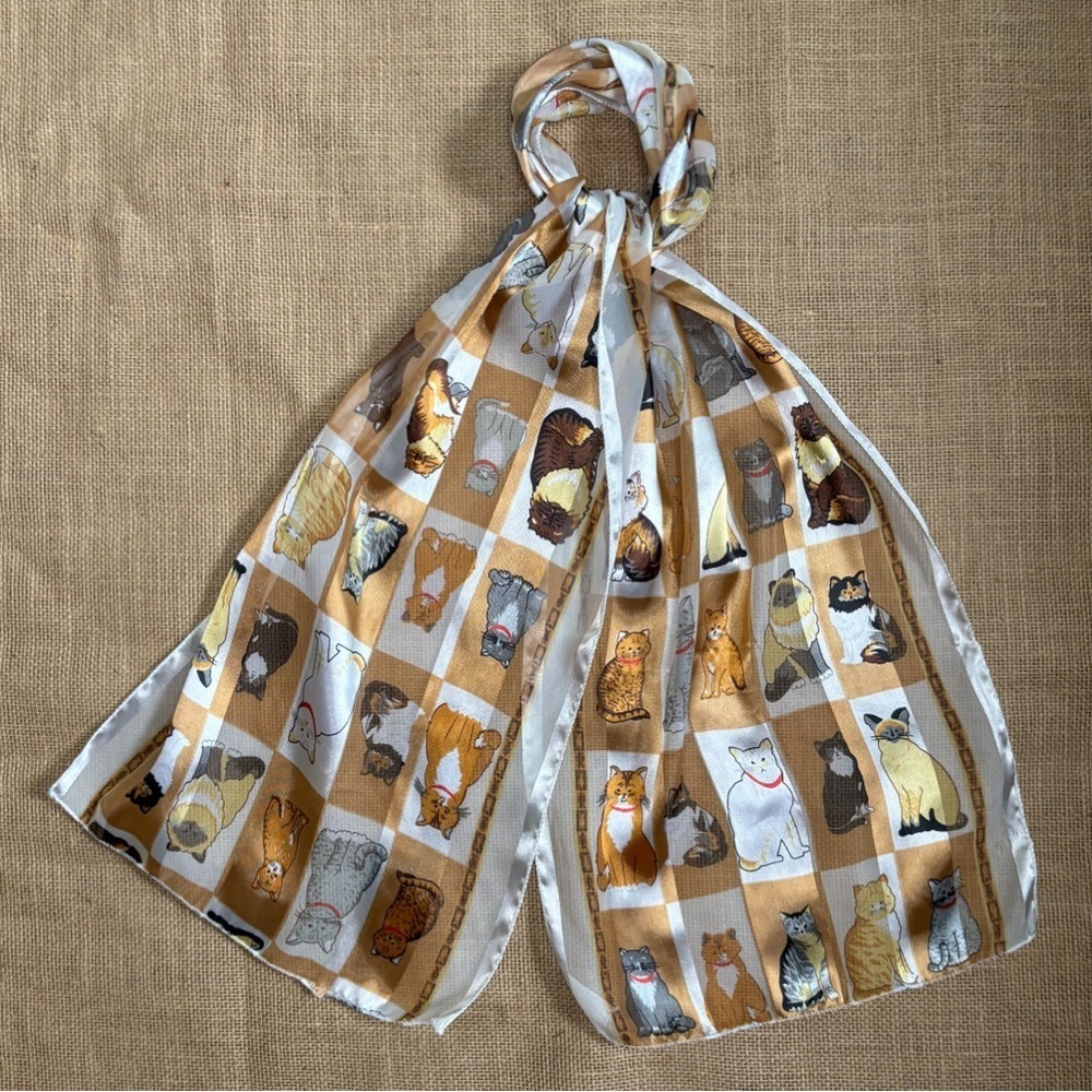 White Light Brown Checkered Cat Scarf Fashion Whimsical Fun Playful Kitty Lover